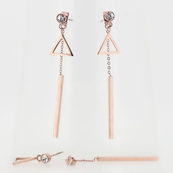 БИЖУТЕРИЯ - ОБЕЦИ - ВИНТ - СТОМАНА С КРИСТАЛ - ТРИЪГЪЛНИК 01 - 1.2х2см ЗЛАТИСТО РОЗОВО И БЯЛО - 1 чифт