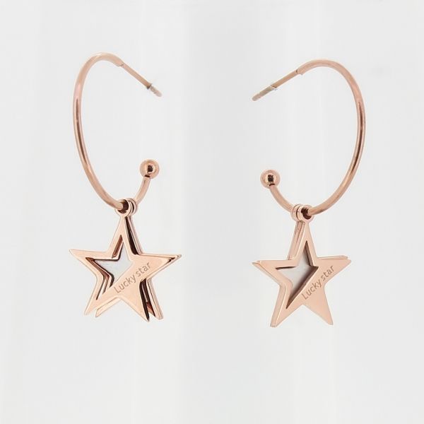 БИЖУТЕРИЯ - ОБЕЦИ - ВИНТ - СТОМАНА И СЕДЕФ - ХАЛКА 01 С ВИСУЛКА ЗВЕЗДА LUCKY STAR - 1.6х4см ЗЛАТИСТО РОЗОВО И БЯЛО - ПАКЕТ 6 чифта