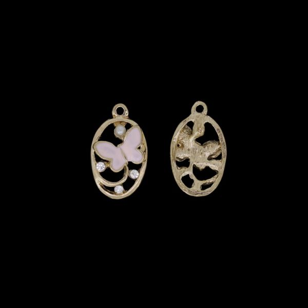 METAL BEADS WITH ENAMEL AND CRYSTALS - PENDANT - BUTTERFLY IN OVAL CONTOUR - 14x23x4mm GOLD AND PINK - PACKAGE 40pcs. Hole-1.8mm