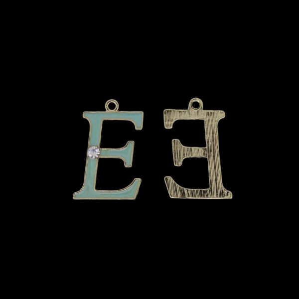 METAL BEADS WITH ENAMEL AND CRYSTALS - PENDANT - LETTER E - 17x25x2mm GOLD AND TURQUOISE (LIGHT) - 4pcs. Hole-1.8mm
