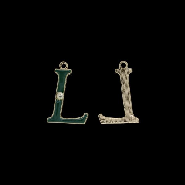 METAL BEADS WITH ENAMEL AND CRYSTALS - PENDANT - LETTER L - 17x25x2mm GOLD AND GREEN - 4pcs. Hole-1.8mm