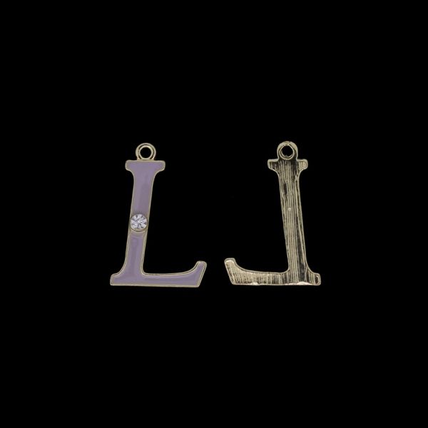 METAL BEADS WITH ENAMEL AND CRYSTALS - PENDANT - LETTER L - 17x25x2mm GOLD AND PURPLE (LIGHT) - 4pcs. Hole-1.8mm