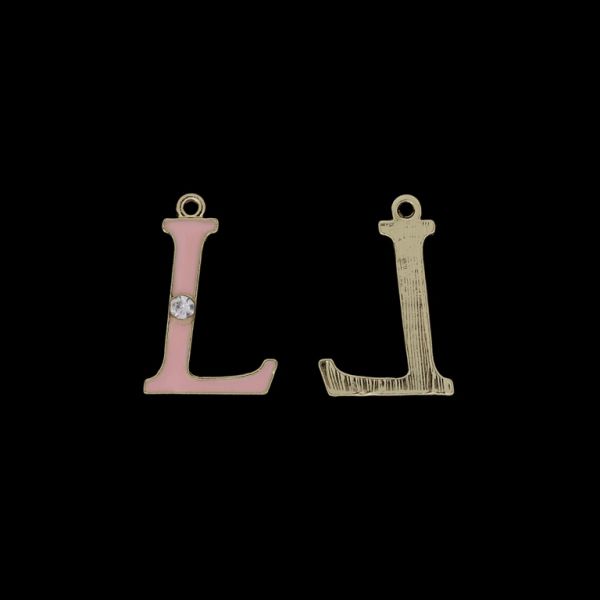 METAL BEADS WITH ENAMEL AND CRYSTALS - PENDANT - LETTER L - 17x25x2mm GOLD AND PINK (LIGHT) - 4pcs. Hole-1.8mm