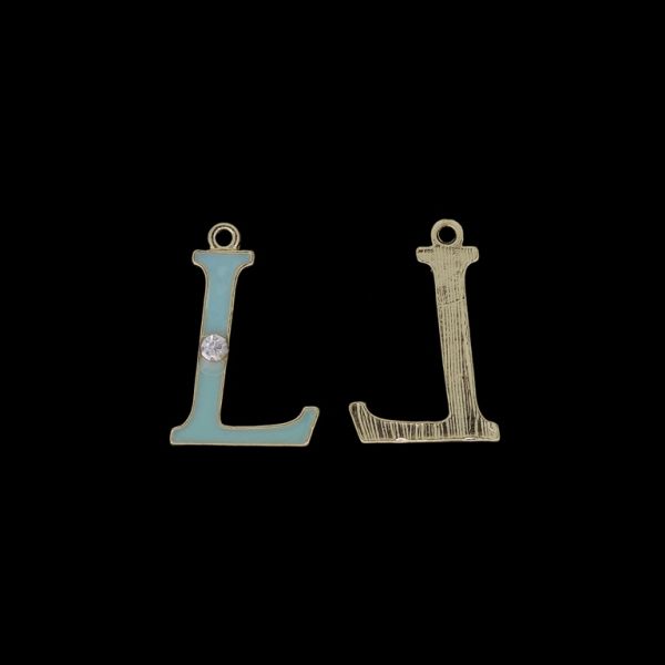 METAL BEADS WITH ENAMEL AND CRYSTALS - PENDANT - LETTER L - 17x25x2mm GOLD AND TURQUOISE (LIGHT) - 4pcs. Hole-1.8mm