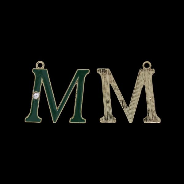 METAL BEADS WITH ENAMEL AND CRYSTALS - PENDANT - LETTER M - 24x25x2mm GOLD AND GREEN - 4pcs. Hole-1.8mm