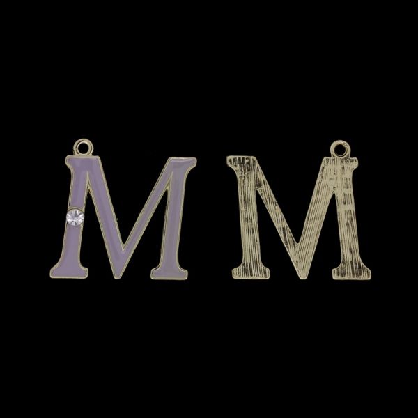 METAL BEADS WITH ENAMEL AND CRYSTALS - PENDANT - LETTER M - 24x25x2mm GOLD AND PURPLE (LIGHT) - 4pcs. Hole-1.9mm