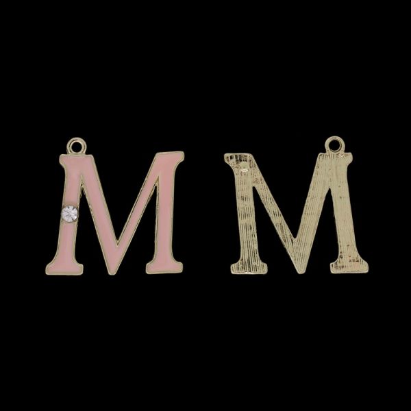 METAL BEADS WITH ENAMEL AND CRYSTALS - PENDANT - LETTER M - 24x25x2mm GOLD AND PINK (LIGHT) - 4pcs. Hole-1.9mm