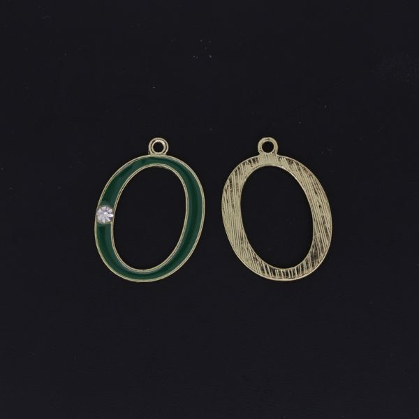 METAL BEADS WITH ENAMEL AND CRYSTALS - PENDANT - LETTER O - 19x26x2mm GOLD AND GREEN - 4pcs. Hole-1.8mm