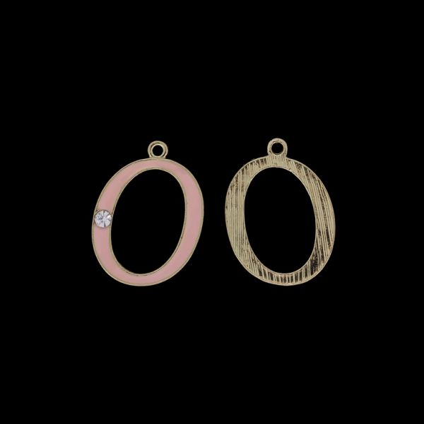 METAL BEADS WITH ENAMEL AND CRYSTALS - PENDANT - LETTER O - 19x26x2mm GOLD AND PINK (LIGHT) - PACKAGE 40pcs. Hole-1.8mm