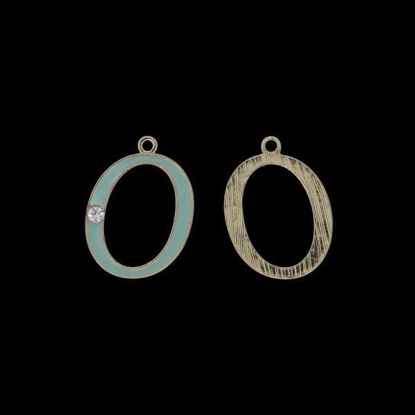 METAL BEADS WITH ENAMEL AND CRYSTALS - PENDANT - LETTER O - 19x26x2mm GOLD AND TURQUOISE (LIGHT) - 4pcs. Hole-1.8mm