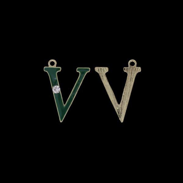 METAL BEADS WITH ENAMEL AND CRYSTALS - PENDANT - LETTER V - 19x26x2mm GOLD AND GREEN - 4pcs. Hole-1.8mm