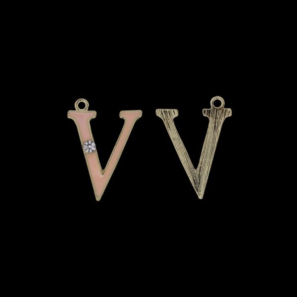 METAL BEADS WITH ENAMEL AND CRYSTALS - PENDANT - LETTER V - 19x26x2mm GOLD AND PINK (LIGHT) - PACKAGE 40pcs. Hole-1.8mm