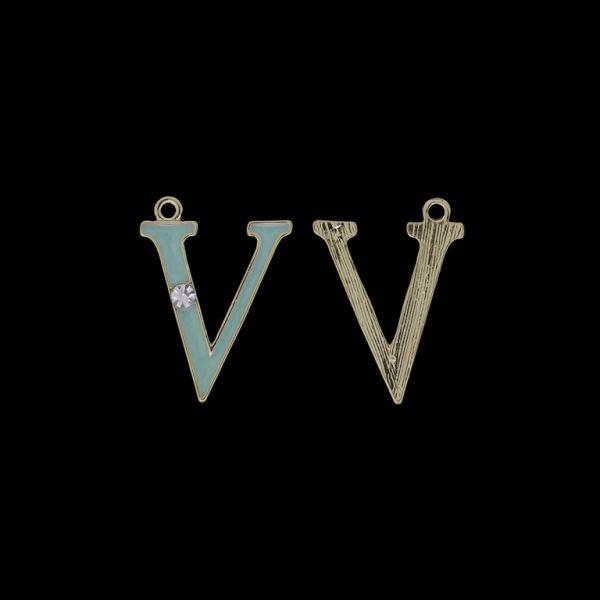 METAL BEADS WITH ENAMEL AND CRYSTALS - PENDANT - LETTER V - 19x26x2mm GOLD AND TURQUOISE (LIGHT) - PACKAGE 40pcs. Hole-1.8mm