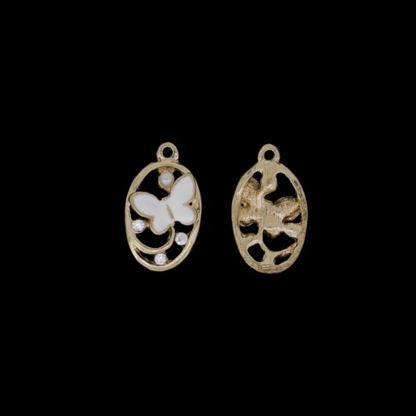 METAL BEADS WITH ENAMEL AND CRYSTALS - PENDANT - BUTTERFLY IN OVAL CONTOUR - 14x23x4mm GOLD AND WHITE - PACKAGE 40pcs. Hole-1.8mm