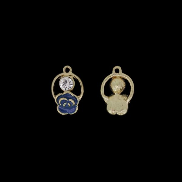 METAL BEADS WITH ENAMEL AND CRYSTALS - PENDANT - ROSE 07 WITH CIRCLE CONTOUR - 14x20x5mm GOLD AND BLUE (DARK) - 4pcs. Hole-1.8mm