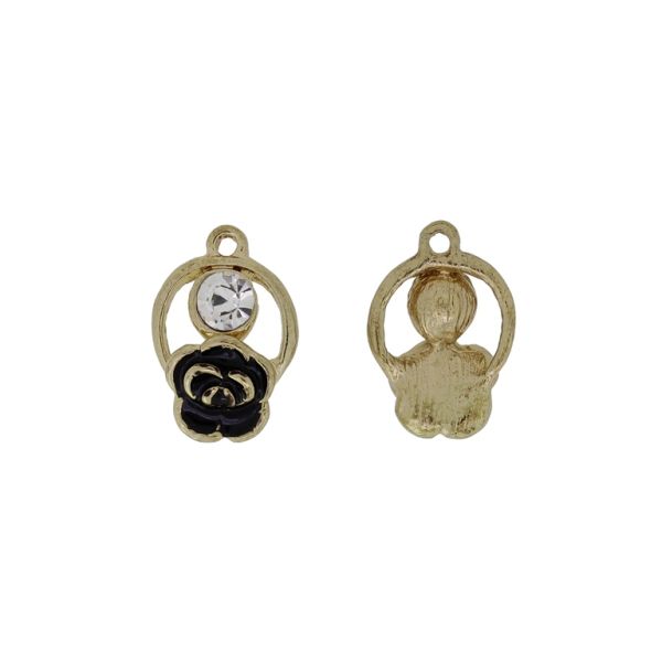 METAL BEADS WITH ENAMEL AND CRYSTALS - PENDANT - ROSE 07 WITH CIRCLE CONTOUR - 14x20x5mm GOLD AND BLACK - PACKAGE 40pcs. Hole-1.8mm