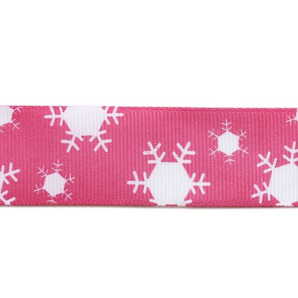 GROSGRAIN RIBBON - PRINT - SNOWFLAKES 01 - 25mm CYCLAMEN PINK AND WHITE - 50yards(45m)