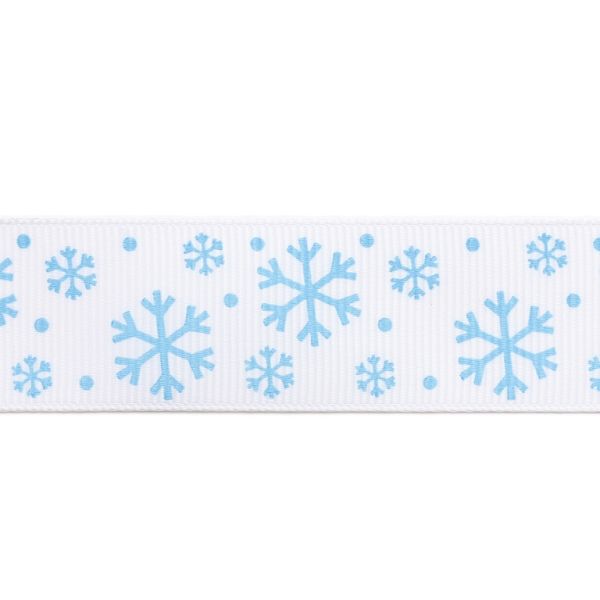 GROSGRAIN RIBBON - PRINT - SNOWFLAKES 02 - 25mm WHITE AND BLUE - 50yards(45m)