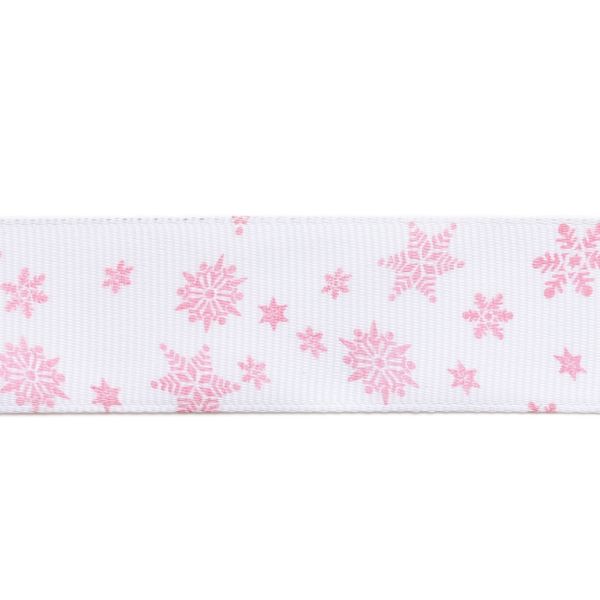 GROSGRAIN RIBBON - PRINT - SNOWFLAKES 03 - 25mm WHITE AND PINK - 50yards(45m)