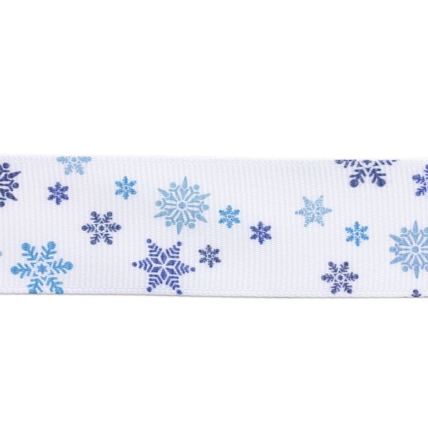 GROSGRAIN RIBBON - PRINT - SNOWFLAKES 03 - 25mm WHITE AND BLUE (DARK) - 50yards(45m)