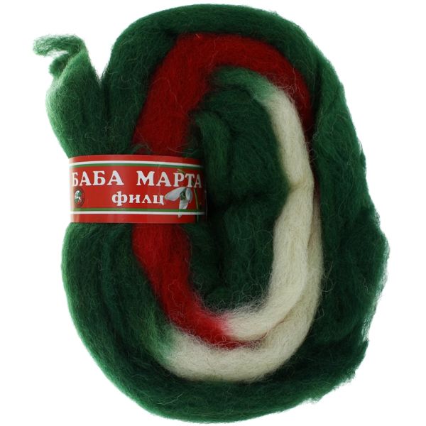 YARN - BABA MARTA FELT - WHITE-RED-GREEN 302 - 1.8m - WOOL - 1 skein