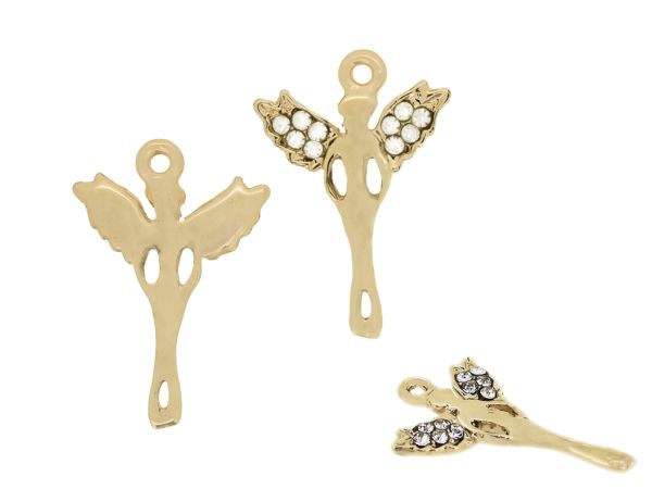 METAL - CHARMS PENDANT 1 HOLE UV COATING WITH CRYSTALS - ANGEL 01 - 16x23x2mm GOLD COLOR AND WHITE - PACKAGE 20pcs. Hole-1.5mm