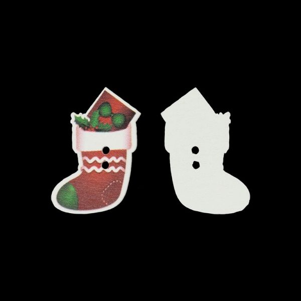 WOODEN FIGURES - CHRISTMAS TYPE BUTTON - SOCK 03 - 25x35x2mm RED AND GREEN - 10pcs.  Hole-2x2.0mm