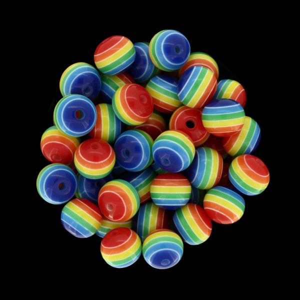 RESIN PLASTIC BEADS - BALL RESIN STRIPE BEADS - 10mm RAINBOW - 1000pcs. Hole-2.0mm