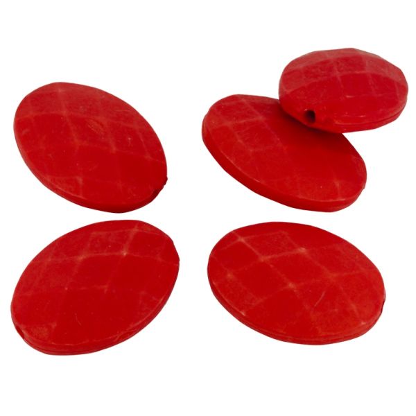 ПЛЪТНИ ПЛАСТМАСОВИ МЪНИСТА - МАТИРАНИ - ПЛОЧКА ОВАЛ ФАСЕ - 32х23х10мм ЧЕРВЕНО - ПАКЕТ 500 гр. Отвор-2.5мм (110 бр.)