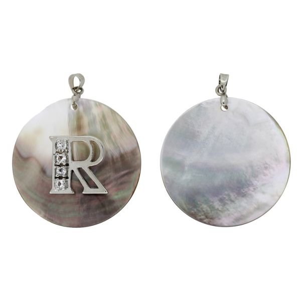 BLACK MOTHER OF PEARL PENDANT - WITH METAL AND CRYSTALS - CIRCLE WITH LETTER R - 36x7mm - PACKAGE 4pcs. Hole holder-3.0mm