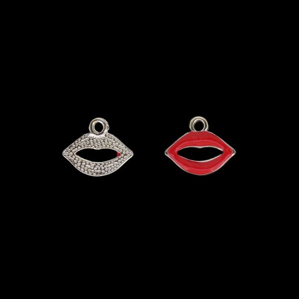 METAL BEADS WITH ENAMEL - UV - PENDANT - LIPS 01 - 18x15x2mm GOLD AND RED - PACKAGE 40pcs. Hole-2.2mm
