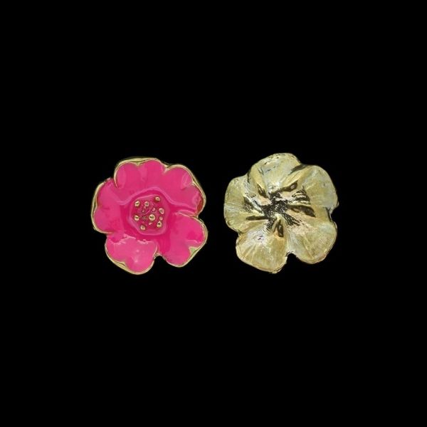 METAL BEADS WITH ENAMEL - FLOWER 32 - 21x6mm GOLD AND CYCLAMEN - 3pcs. Without Hole