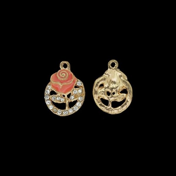 METAL BEADS WITH ENAMEL AND CRYSTALS - PENDANT - ROSE 08 WITH CIRCLE CONTOUR - 17x23x4mm GOLD 03 AND CORAL - PACKAGE 30pcs. Hole-1.8mm