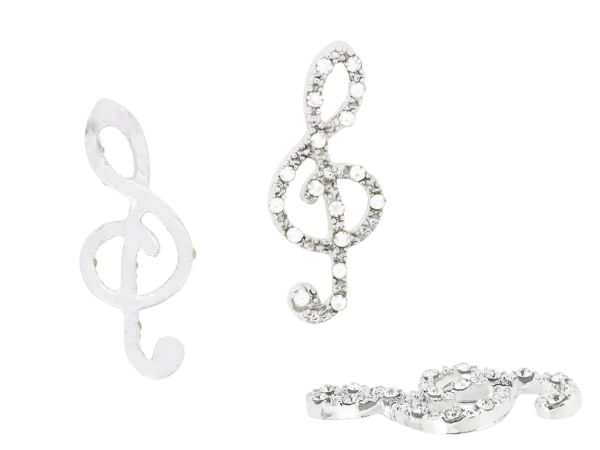 METAL - CHARMS PENDANT WITH HOLDER 1 HOLE UV COATING WITH CRYSTALS - TREBLE CLEF 01 - 10x24x2.5mm SILVER COLOR AND WHITE - PACKAGE 20pcs.