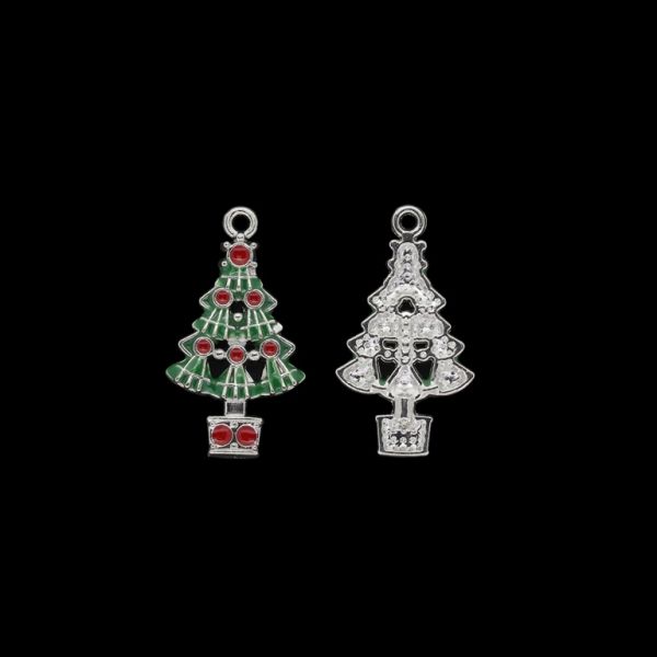 METAL BEADS WITH ENAMEL - PENDANT - CHRISTMAS TREE 07 - 16x29x3mm NICKEL AND GREEN-RED - PACKAGE 30pcs. Hole-1.8mm