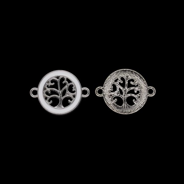 METAL BEADS WITH ENAMEL - CONNECTING ELEMENT WITH 2 RINGS - TREE OF LIFE 02 - 25x19x2mm NICKEL AND WHITE - 3pcs. Hole-2.0mm