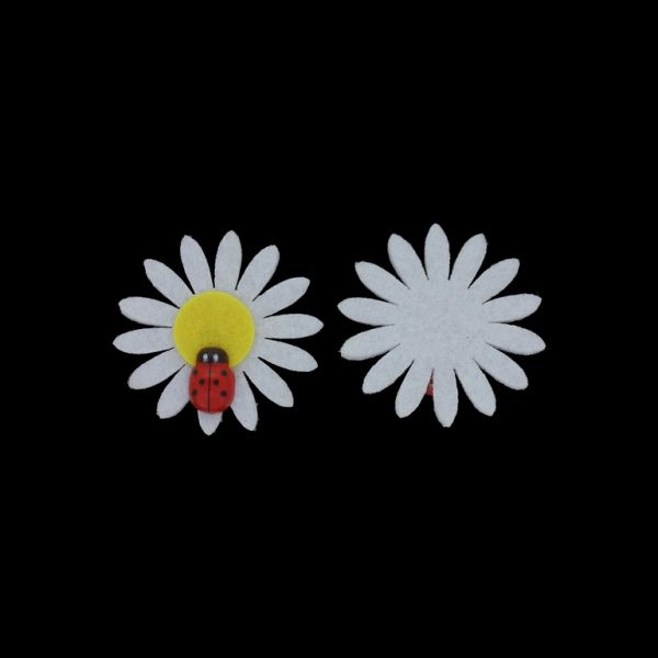 TEXTILE BEADS - FELT - FLOWER WITH LADYBUG 01 - 38mm WHITE - PACKAGE 25pcs.