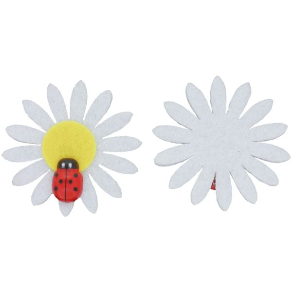 TEXTILE BEADS - FELT - FLOWER WITH LADYBUG 01 - 38mm WHITE - PACKAGE 25pcs.