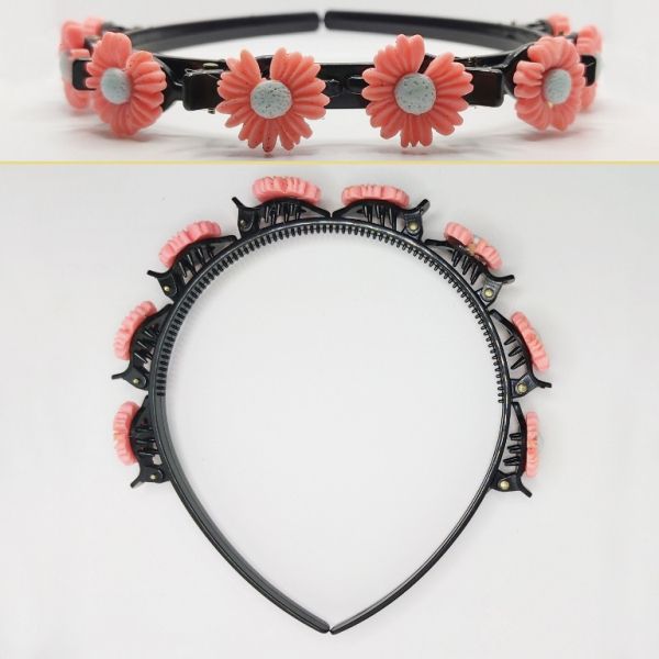 JEWELRY - ACCESSORY FOR HAIR - TIARA WITH HAIR CLIPS - PLASTIC - FLOWER D005 - BLACK AND CORAL (LIGHT) - 1pc.