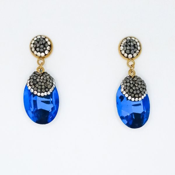 БИЖУТЕРИЯ - ОБЕЦИ - ВИНТ - СТОМАНА С КРИСТАЛИ - ЕЛИПСА E151 - 1.8х4.7см ЗЛАТИСТО И СИНЬО - ПАКЕТ 6 чифта