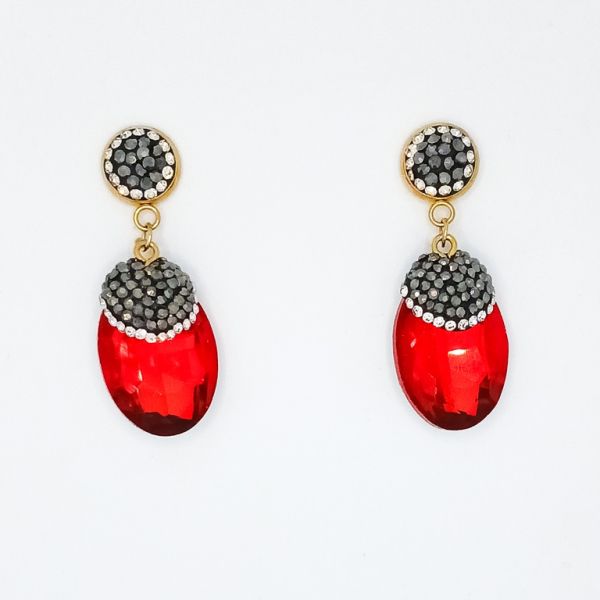 JEWELRY - EARRINGS - SCREW - CHAIN WITH CRYSTALS - ELLIPSE E151 - 1.8x4.7cm GOLD AND RED - 1 pair