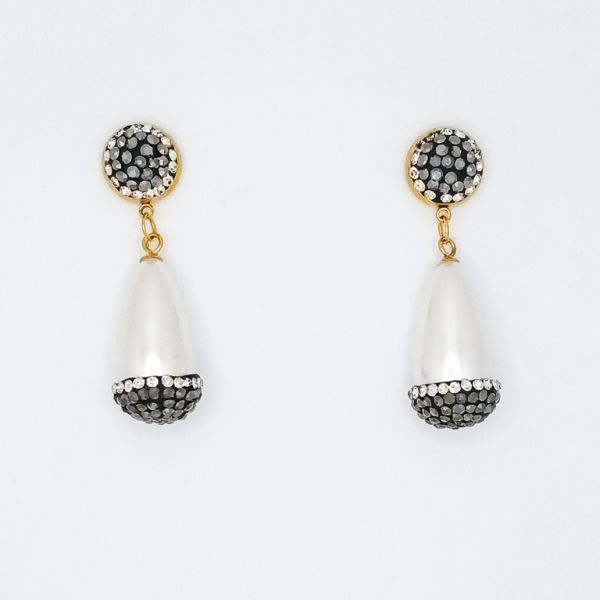 JEWELRY - EARRINGS - SCREW - CHAIN WITH CRYSTALS - PLASTIC PEARL E165 - 1.6x4.6cm GOLD AND WHITE - 1 pair