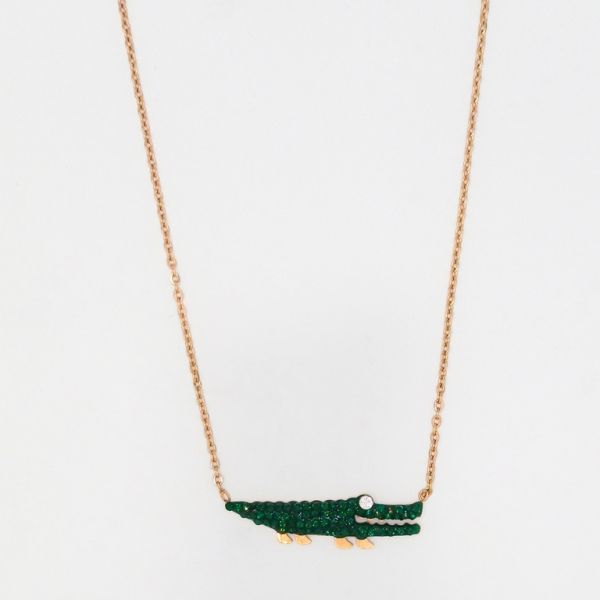 JEWELRY - NECKLACE - STAINLESS STEEL WITH CRYSTALS - CROCODILE К005 - 2.9x0.9cm ROSE GOLD AND GREEN (DARK) - 1pc.