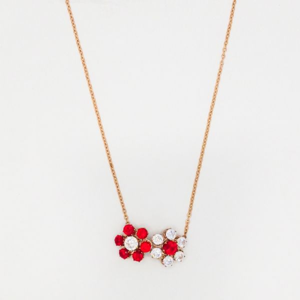 JEWELRY - NECKLACE - STAINLESS STEEL WITH CRYSTALS - FLOWERS К007 - 2.3x1.3cm ROSE GOLD-RED-WHITE - 1pc.