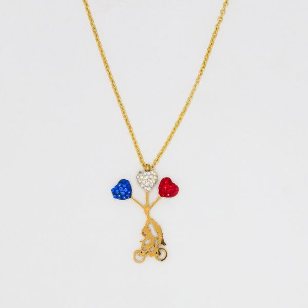 JEWELRY - NECKLACE - STAINLESS STEEL WITH CRYSTALS - KIDS ON A BIKE К029 - 1.8x2.7cm GOLD AND COLORFUL 1 - 1pc.