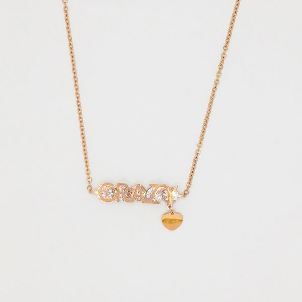 JEWELRY - NECKLACE - STAINLESS STEEL WITH CRYSTALS - INSCRIPTION CRAZY К034 - 2.4x1.4cm ROSE GOLD AND WHITE - 1pc.