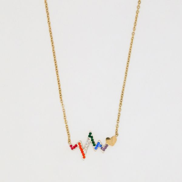 JEWELRY - NECKLACE - STAINLESS STEEL WITH CRYSTALS - PULSE AND HEART К028 - 2.9x1.5cm GOLD AND COLORFUL - PACKAGE 6pcs.