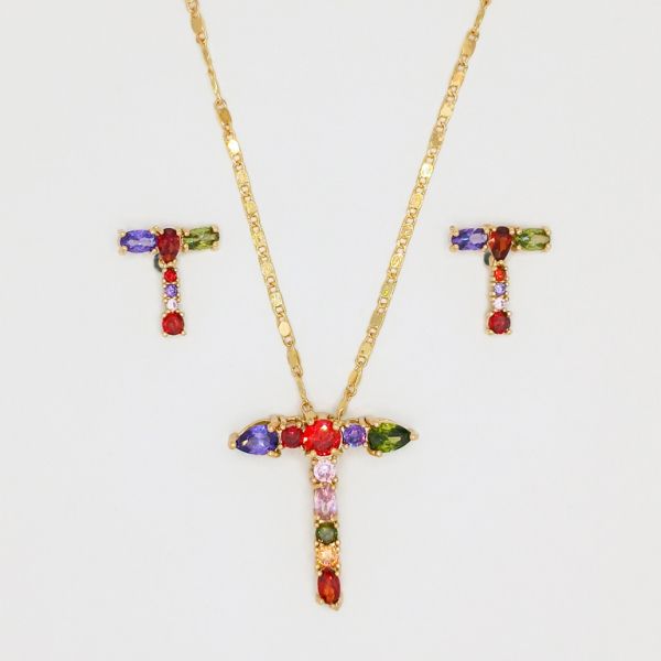 JEWELRY - SET - BRASS WITH ZIRCON - LETTER T S14 - GOLD - 1 set