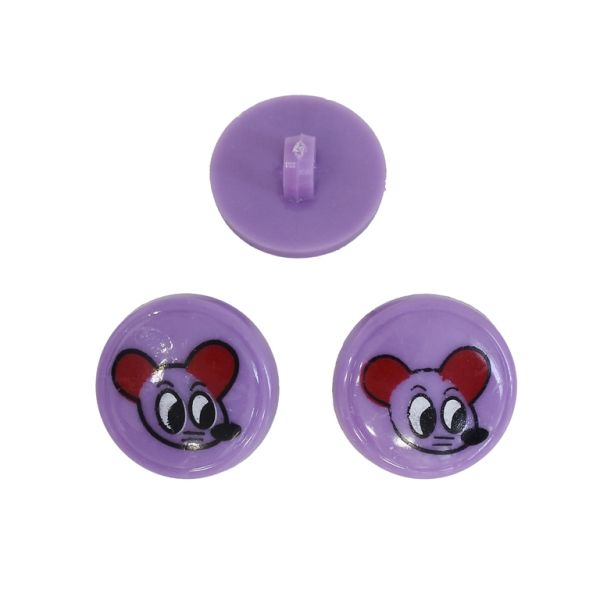 PLASTIC BEADS - BUTTON TYPE - CIRCLE WITH MOUSE 01 - 18x18mm PURPLE AND BLACK - PACKAGE 200g (249pcs.) Hole-3.0mm
