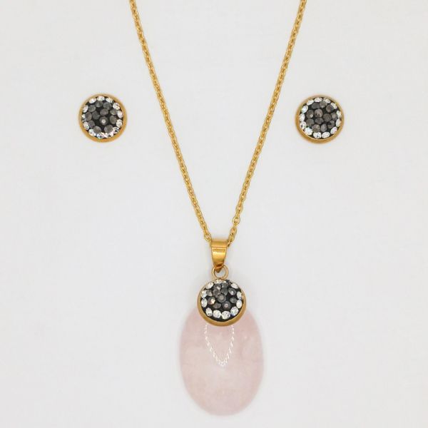 JEWELRY - SET - STAINLESS STEEL AND NATURAL STONE - OVAL S23 - GOLD AND QUARTZ PINK - PACKAGE (6 sets)